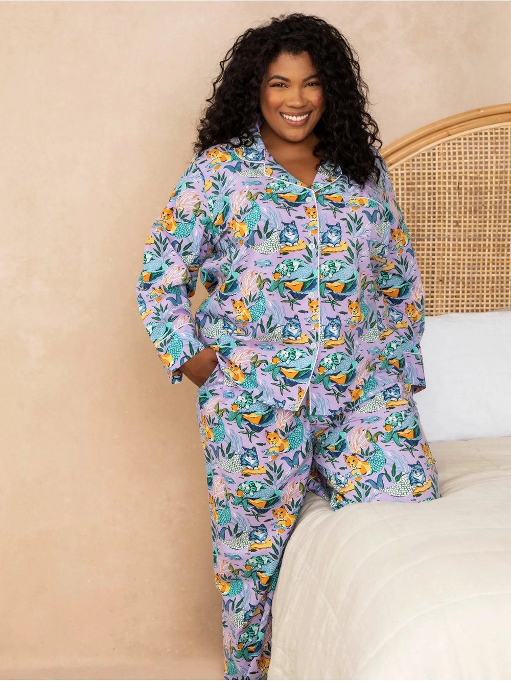 Printfresh XL Meowing Mermaids Lavender Organic Cotton Long Pajama Set Cats Cozy